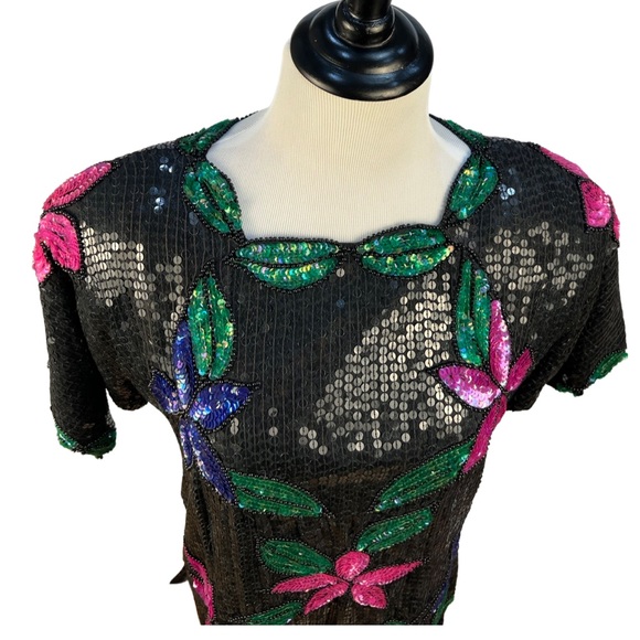 Vintage Sequin and Beaded Top, Black sequin with Hot Pink Flowers, Kelly Green - Picture 3 of 10